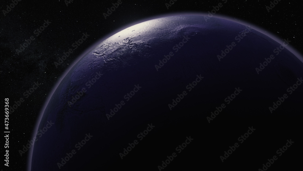 Cosmos concept. Flight over Neptune. Purple planet. Top view of the planet's surface. 3d Illustration