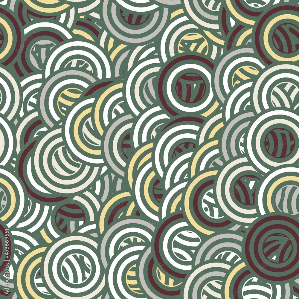 Seamless concentric circle in retro colors dizzy surface pattern design for print. High quality illustration. Psychedelic geo tile of random overlaid dynamic round stripe shaped circles piled up. Seamless concentric circle in retro colors dizzy surface pattern design for print. High quality illustration. Psychedelic geo tile of random overlaid dynamic round stripe shaped circles piled up.