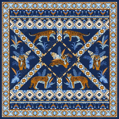 Square scarf design with tigers and geometric ornament. Dark blue background, tropical leaves, ethno-style. 