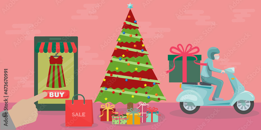 Christmas shopping online delivery. Banner Brochure Website or Mobile Application Concept.