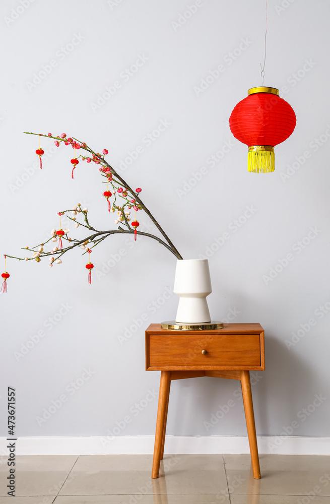 Table with beautiful decorations for Chinese New Year celebration in