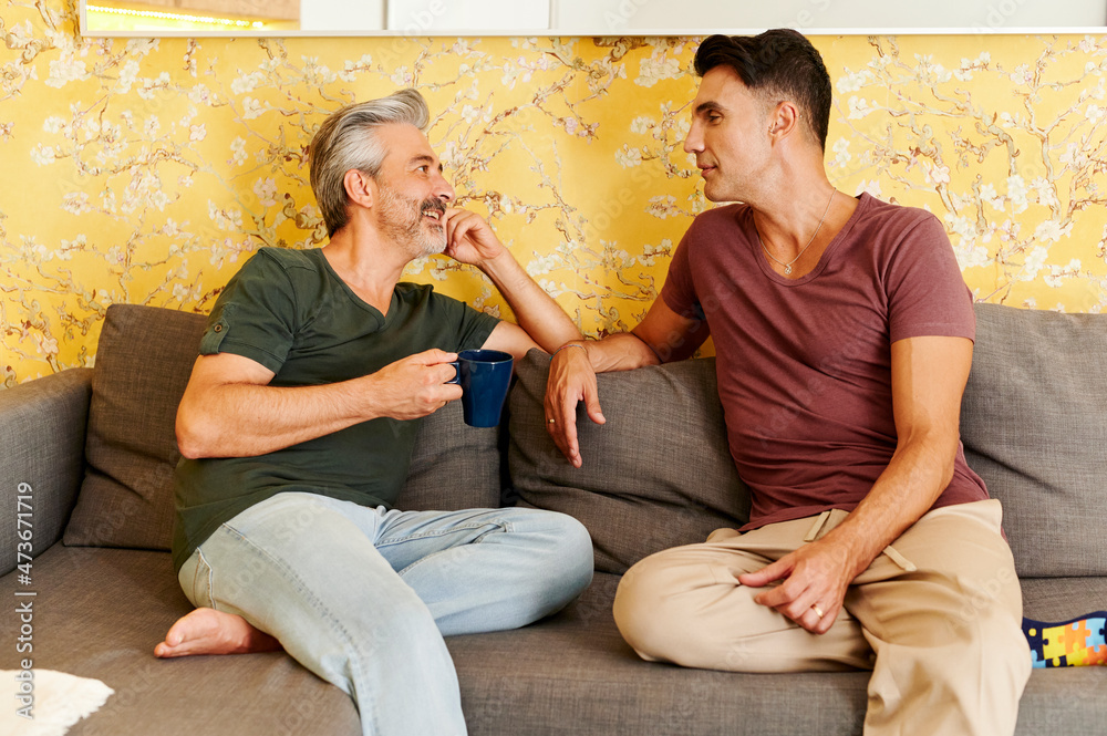 Smiling gay couple talking on their sofa Smiling gay couple talking on their sofa