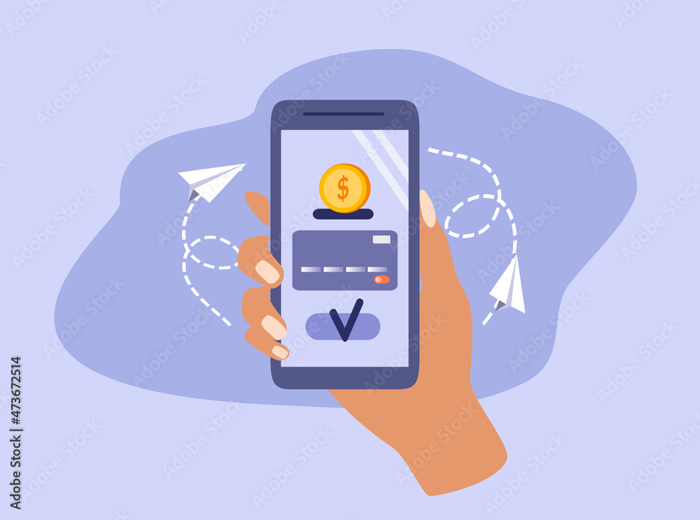 vector illustration on the theme of online payments through a smartphone. hand holds a smartphone, on the screen of which an approved transaction. trend illustration in flat style vector illustration on the theme of online payments through a smartphone. hand holds a smartphone, on the screen of which an approved transaction. trend illustration in flat style