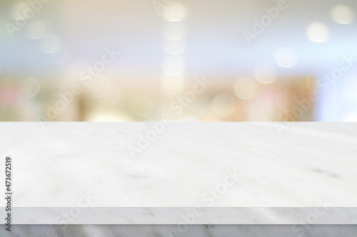 Empty White Table Top, Counter, Desk Background Over Blur