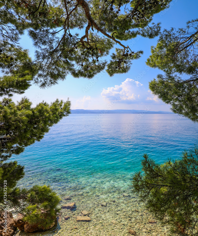 View through the trees of the stunning clear blue water of Brela Beach Croatia 