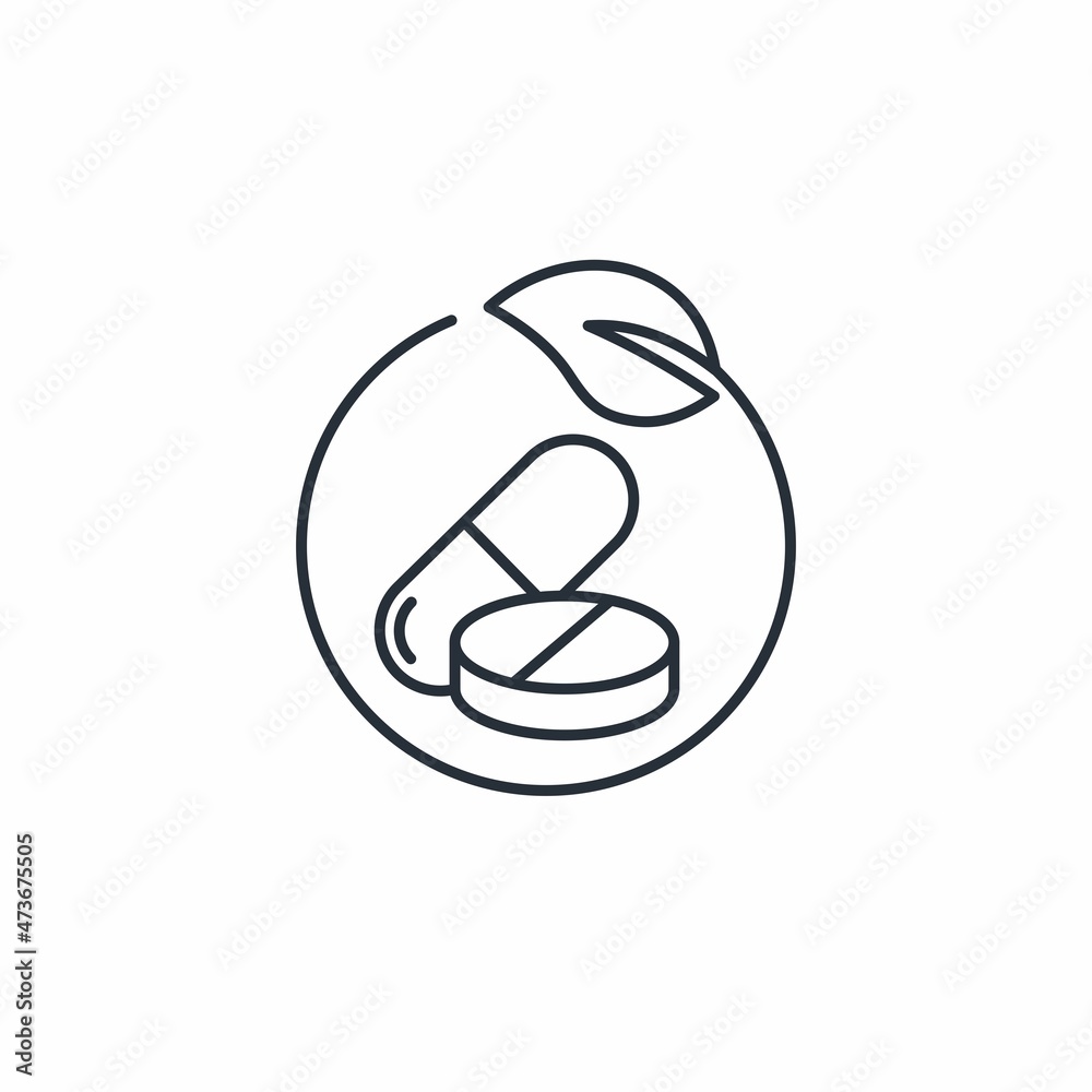 Capsule and pills with dietary supplements or natural medicines . Phytotherapy. Vector linear icon isolated on white background. Capsule and pills with dietary supplements or natural medicines . Phytotherapy. Vector linear icon isolated on white background.