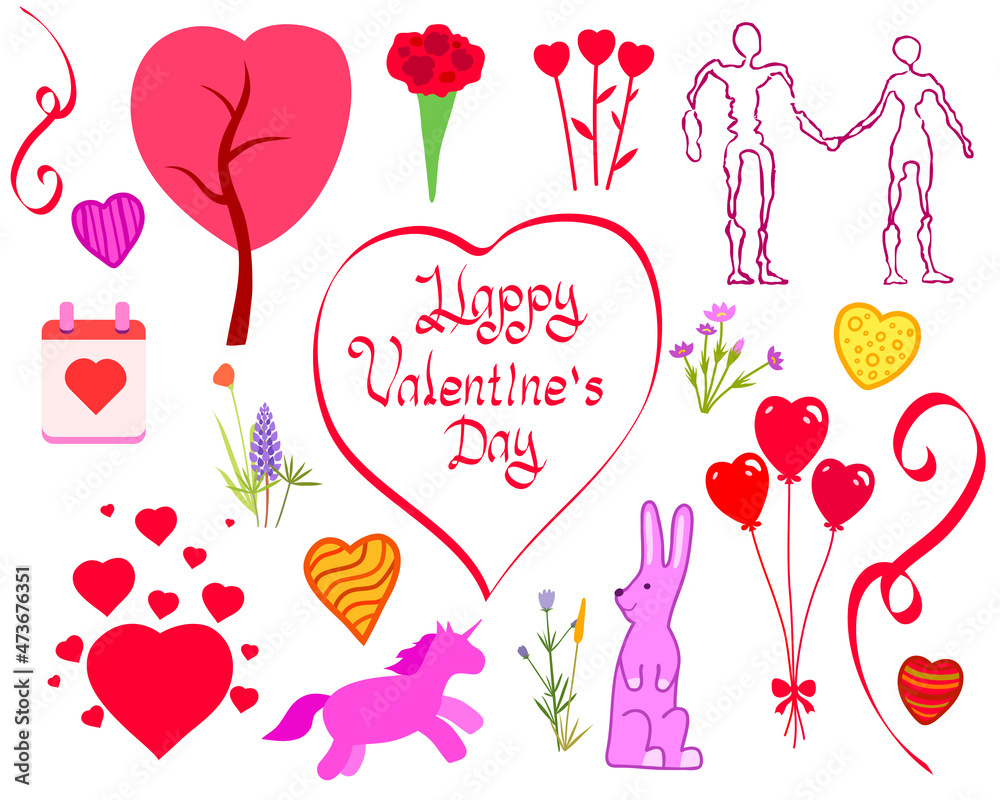 Valentine's Day Kit. For scrapbooking, greeting card, poster, tag, lovers, party invitation, sticker set. Isolated illustration. Vector graphics Valentine's Day Kit. For scrapbooking, greeting card, poster, tag, lovers, party invitation, sticker set. Isolated illustration. Vector graphics