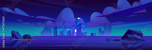 Night city skyline with glowing lights at ocean shore. Futuristic cityscape at sea waterfront, cartoon background with illuminated skyscrapers. Modern town buildings architecture Vector illustration