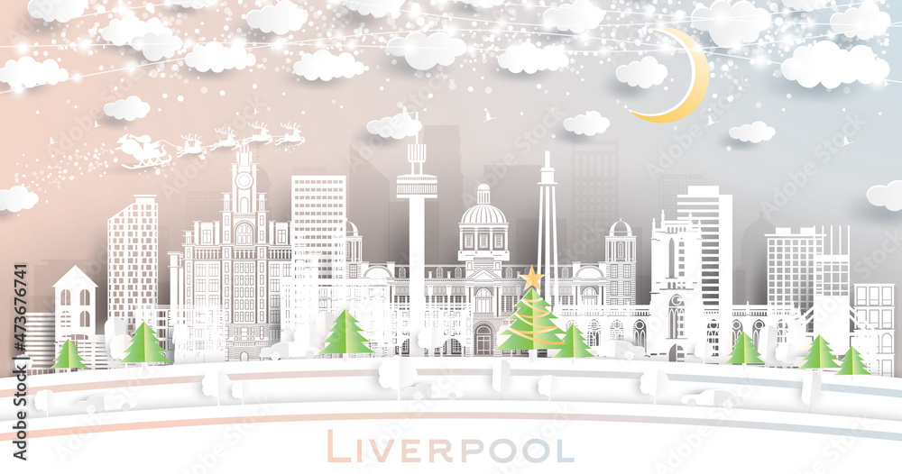 Liverpool UK City Skyline in Paper Cut Style with Snowflakes, Moon and Neon Garland.