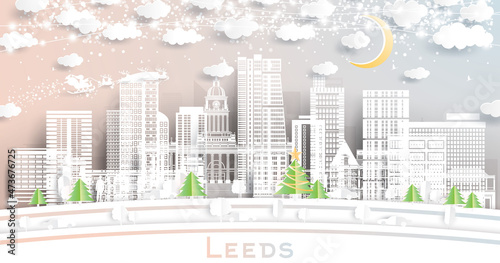 Leeds UK City Skyline in Paper Cut Style with Snowflakes  Moon and Neon Garland.