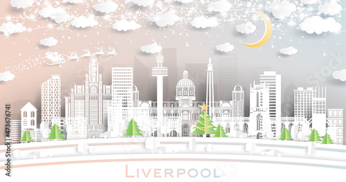 Liverpool UK City Skyline in Paper Cut Style with Snowflakes  Moon and Neon Garland.