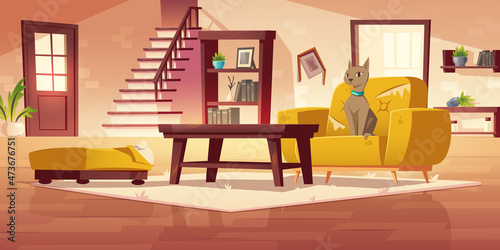 Cat at damaged home interior with scratched furniture, sofa and armchair with torn upholstery and fallen flower pot. Pet making mess in room, naughty feline animal chaos, Cartoon vector illustration