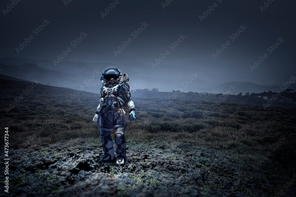Astronaut walking on an unexplored planet