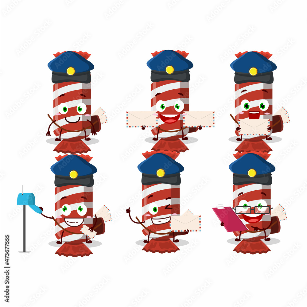 A picture of cheerful red long candy package postman cartoon design concept