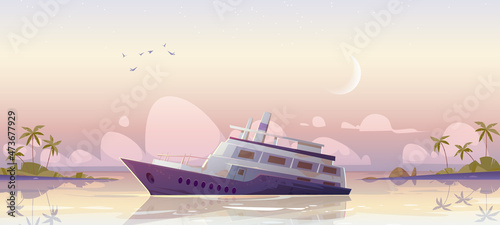 Sunken cruise ship in sea harbor in morning. Vector cartoon illustration of tropical summer landscape with old passenger liner sinking in ocean after shipwreck, palm trees on beach and moon in sky