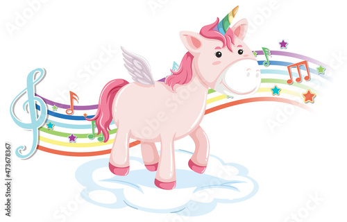 Cute unicorn standing on the cloud with melody symbols on rainbow