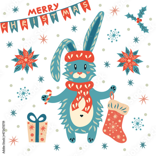A cute bunny with a Christmas gift sock and a candy cane. New Year decoration.