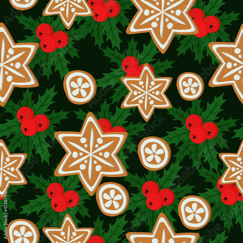 Gingerbread snowflake seamless pattern, Christmas gingerbread and holly on dark green background