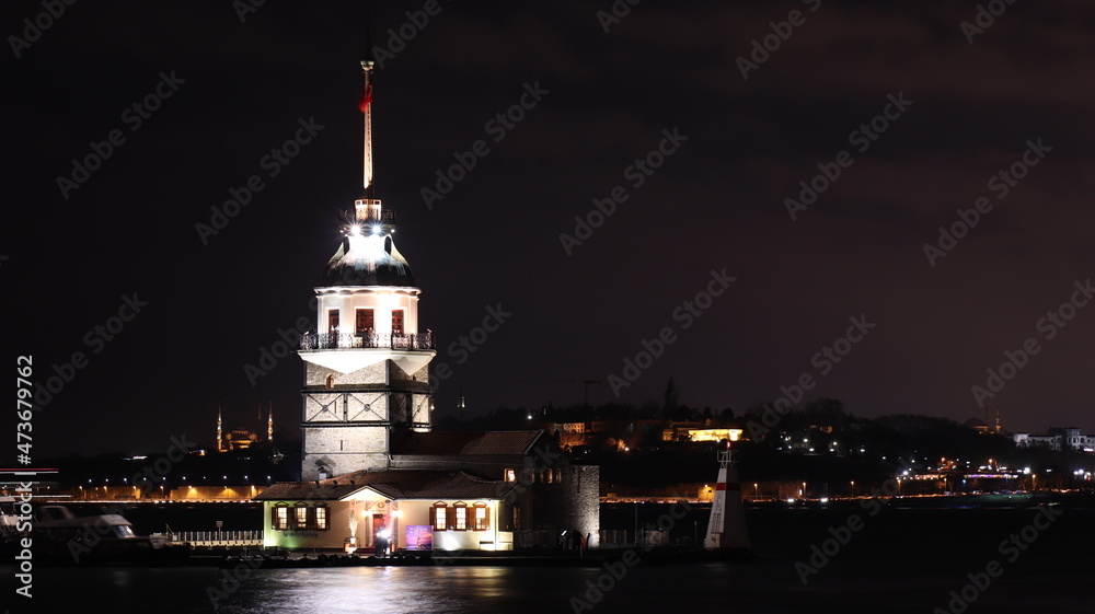 Night view of Maiden Tower in Istanbul, Turkey Night view of Maiden Tower in Istanbul, Turkey