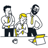Business people, male office workers, join and look at tablet pc computer, together with smiling face. Outline, linear, thin line art, hand drawn sketch design, simple style.