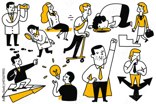 Vector illustration doodle set of various character, businessman and businesswoman, in many activities. Concept in vision, development, creative idea, freedom, curiosity, direction, startup.   