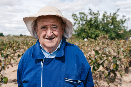 Senior farmer in hat against vines photo