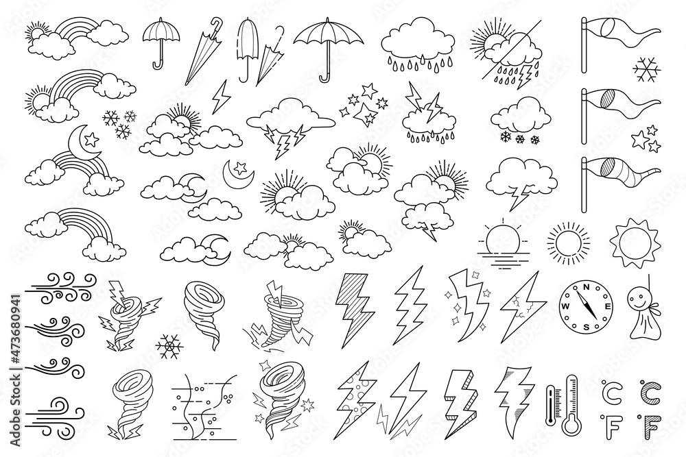 weather doodle vector set illustration with hand draw line art style vector, star, sun