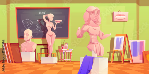 Art school interior, empty classroom, artist studio with blackboard and stuff, canvas on easel, paint brushes on table, composition of plaster shapes and picture frames, Cartoon vector illustration