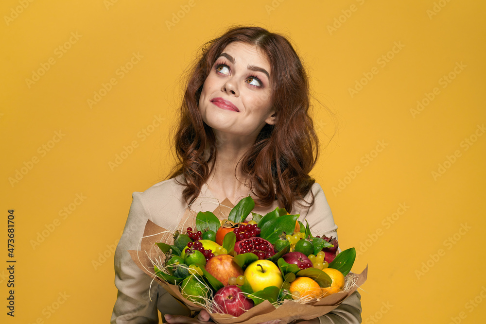beautiful woman fun posing fruit bouquet vitamins colorful background beautiful woman fun posing fruit bouquet vitamins colorful background