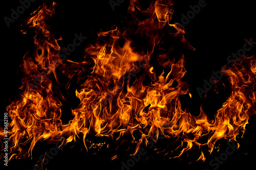 Fire flames isolated on black background. Fire burn flame isolated, flaming burning art design concept with space for text. © Volodymyr
