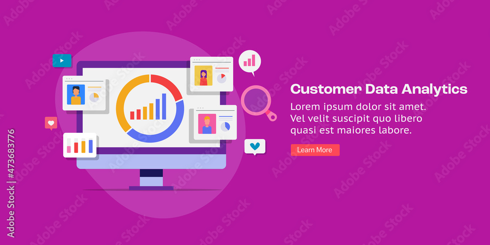 Customer information monitoring, digital marketing and business analytics app displays customer data on virtual screen. Client profile analysis, marketing KPI concept. Flat design web banner template. Customer information monitoring, digital marketing and business analytics app displays customer data on virtual screen. Client profile analysis, marketing KPI concept. Flat design web banner template.
