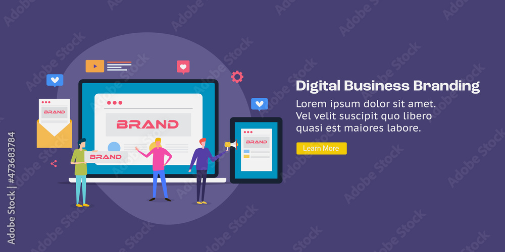 Digital Branding marketing for online business. Team of marketing people promoting brand campaign to internet audience via digital devices and network. Web banner template. Digital Branding marketing for online business. Team of marketing people promoting brand campaign to internet audience via digital devices and network. Web banner template.