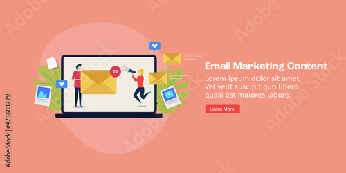 Email marketing, content marketing, team of digital marketers promoting company brand campaign with email newsletter and digital publication news, blog, social media. Web banner template.