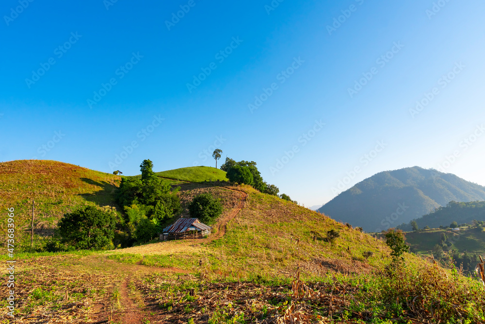 Beautiful landscape of the mountains in autumn with the blue sky at Mae Hong son province unseen Thailand.