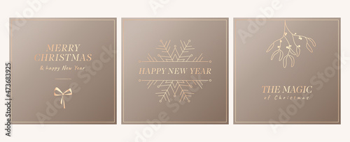 Vector templates for Christmas cards with mistletoe and bow. Gold text Happy New Year for your greeting card. Vector christmas social media template in gold tones