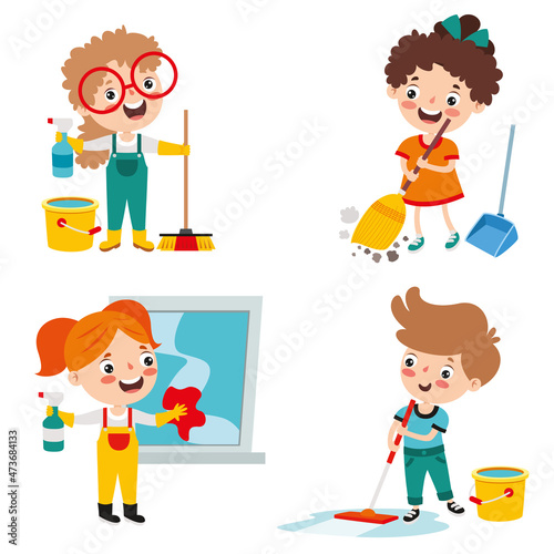 Set Of Children Doing Various Houseworks