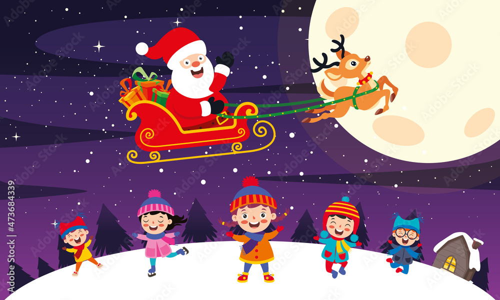 Naklejka premium Christmas Scene With Cartoon Characters