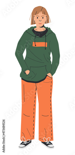 Woman in Casual Clothes Isolated. Modern Girl in Hoodie and Flared Jeans. Female Character in Casual Clothing. Short Hair Tomboy in Everyday Outfit. Cartoon Flat Vector Illustration