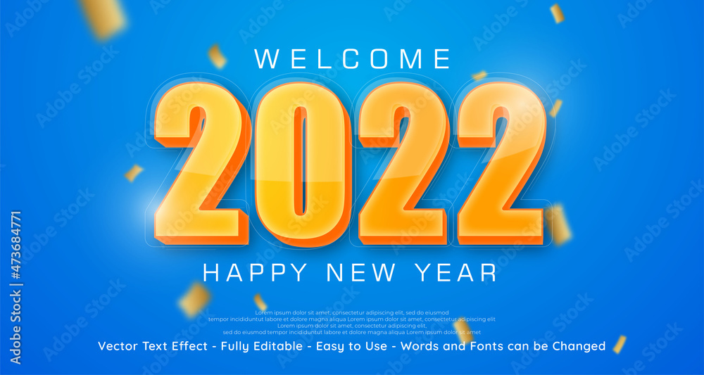 Editable 2022 happy new year design in number yellow glossy style