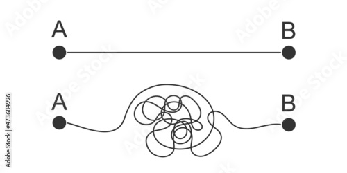 Straight and curved paths from start A to finish B points. Ideal and real plan, expectation and reality concept isolated on white background. Simple graphic vector illustration.