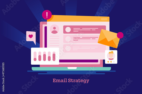 Email strategy development, sending message to audience with email marketing campaign, data analytics report of newsletter marketing. Web banner template, vector illustration.
