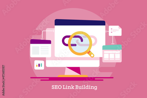 Modern style flat design concept of SEO link building campaign, internet marketing concept. Abstract web banner template for project and presentation.