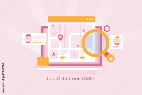 Local Business SEO, Search optimization for local store, search marketing, Local shop listing map, digital marketing strategy for small business concept. Web banner template.