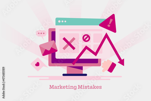 Digital marketing mistakes, decreasing arrow, business strategy error, social media mistakes, advertising campaign fails, conceptual web banner template. photo