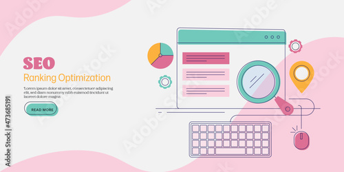 Line art concept of search engine optimization, SEO ranking development on search page. Modern digital business marketing strategy, internet technology, web banner template.