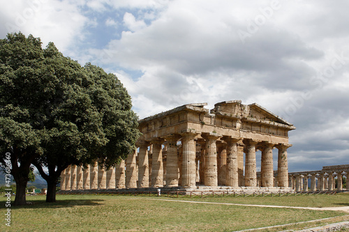 Greek temple with a tree and green meadow.