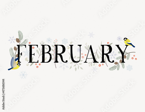 February with decorations,branches and birds. Vector illustration