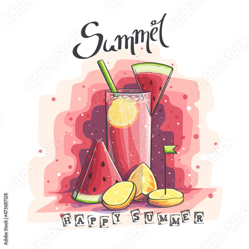 Vector background illustration Happy Summer - Glass with watermelon, orange, lemon photo