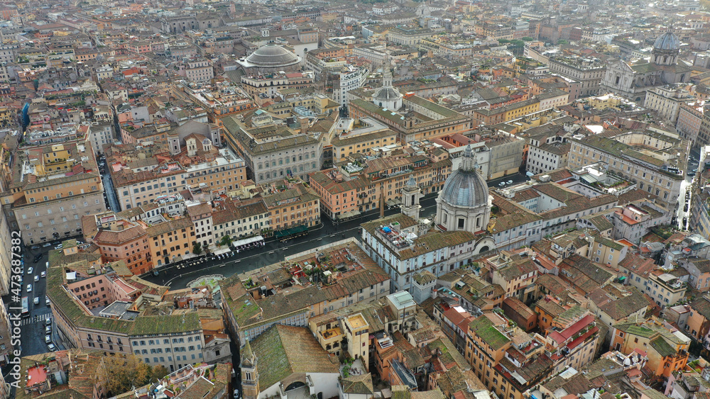 Aerial drone photo of famous elliptical Piazza Navona an elegant square dating from the 1st century A.D., with a classical fountain, street artists and bars a true tourist attraction, Rome, Italy