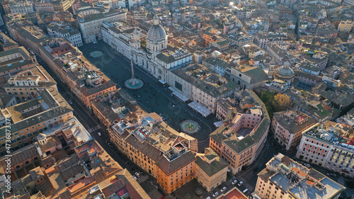 Aerial drone photo of famous elliptical Piazza Navona an elegant square dating from the 1st century A.D., with a classical fountain, street artists and bars a true tourist attraction, Rome, Italy